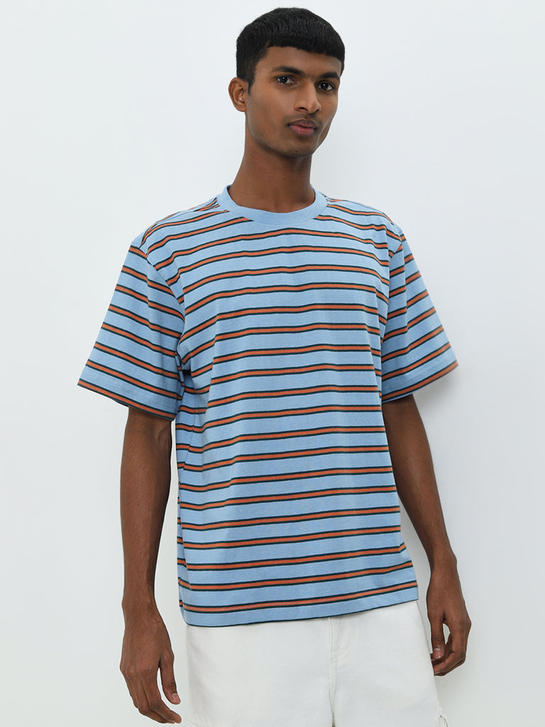 Nuon Blue Striped Relaxed-Fit Cotton T-Shirt