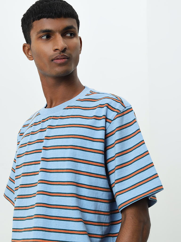 Nuon Blue Striped Relaxed-Fit Cotton T-Shirt