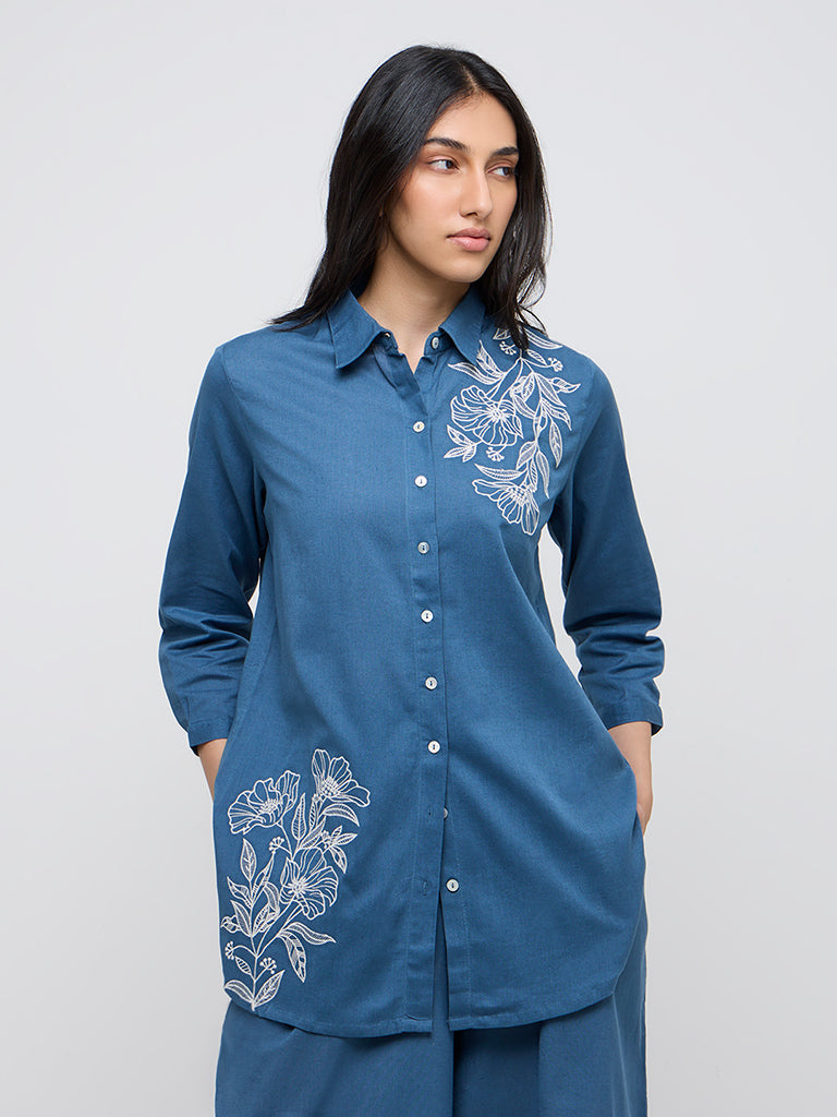 Utsa Blue Embroidered A-Line Cotton Blend Tunic