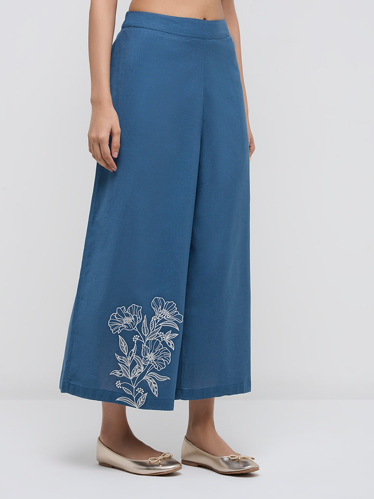 Utsa Indigo Embroidered High-Rise Cotton Blend Ethnic Pants