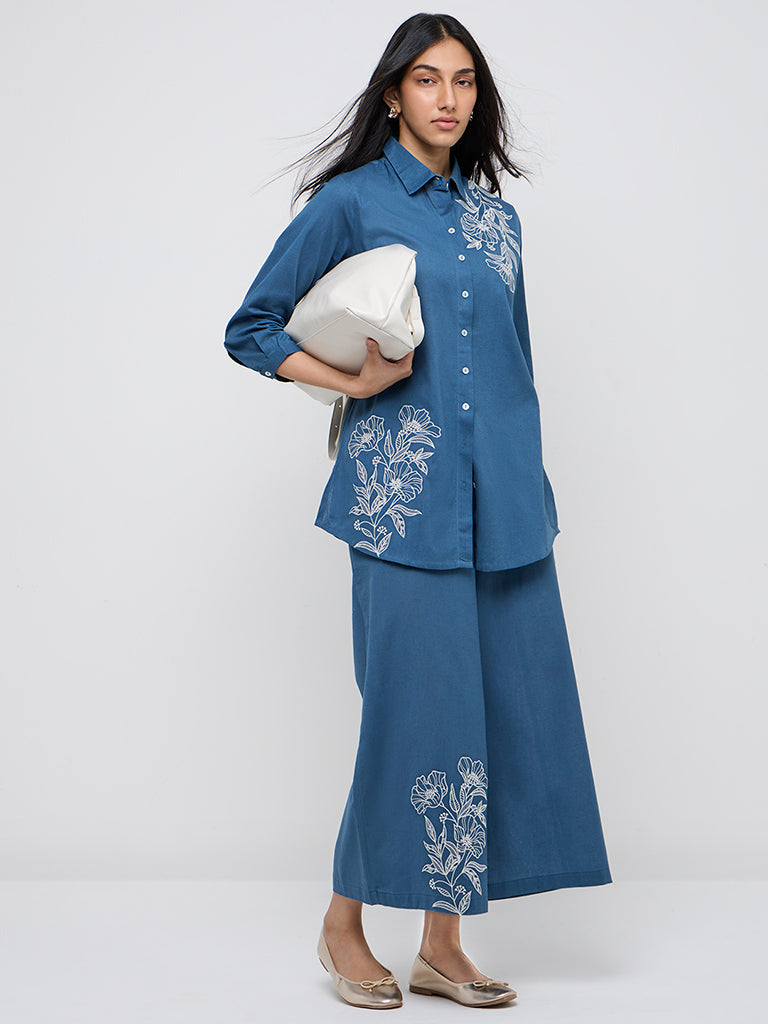 Utsa Indigo Embroidered High-Rise Cotton Blend Ethnic Pants