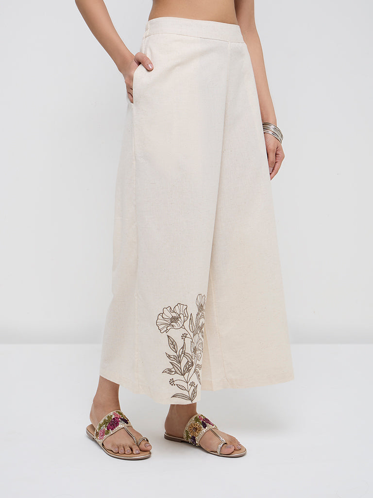 Utsa Off-White Floral High-Rise Cotton Blend Ethnic Pants