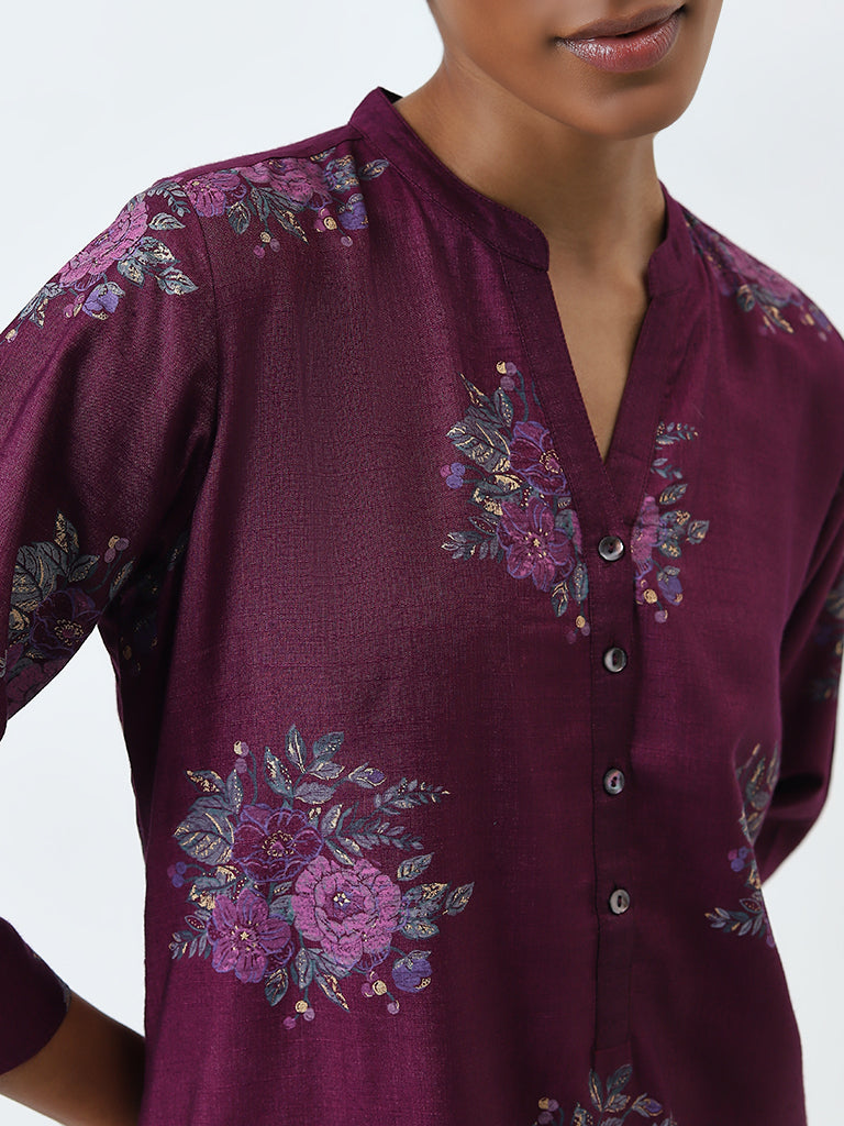 Zuba Purple Floral Printed A-Line Kurta