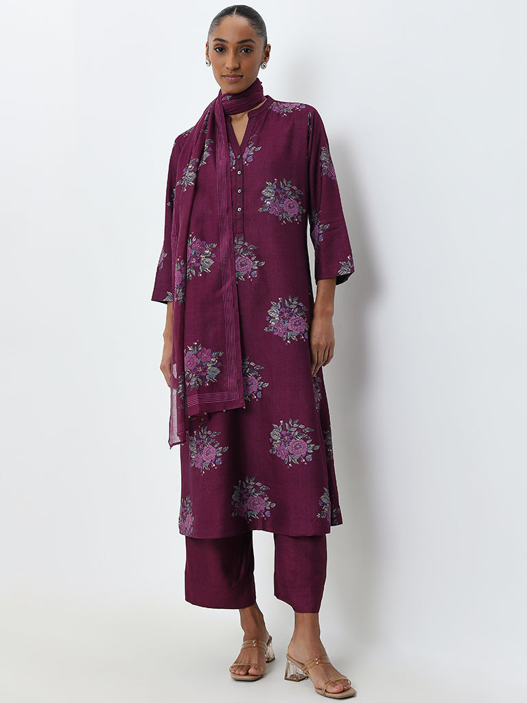 Zuba Purple Floral Printed A-Line Kurta