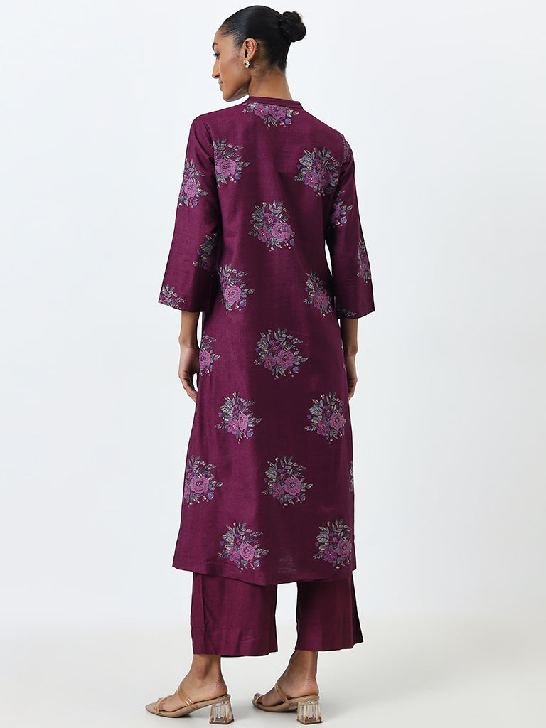 Zuba Purple Floral Printed A-Line Kurta