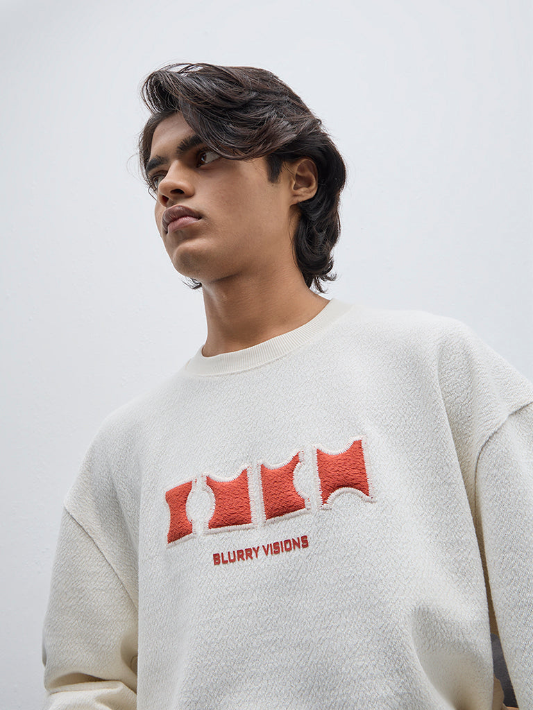 Nuon Off-White Text Design Relaxed-Fit Sweatshirt