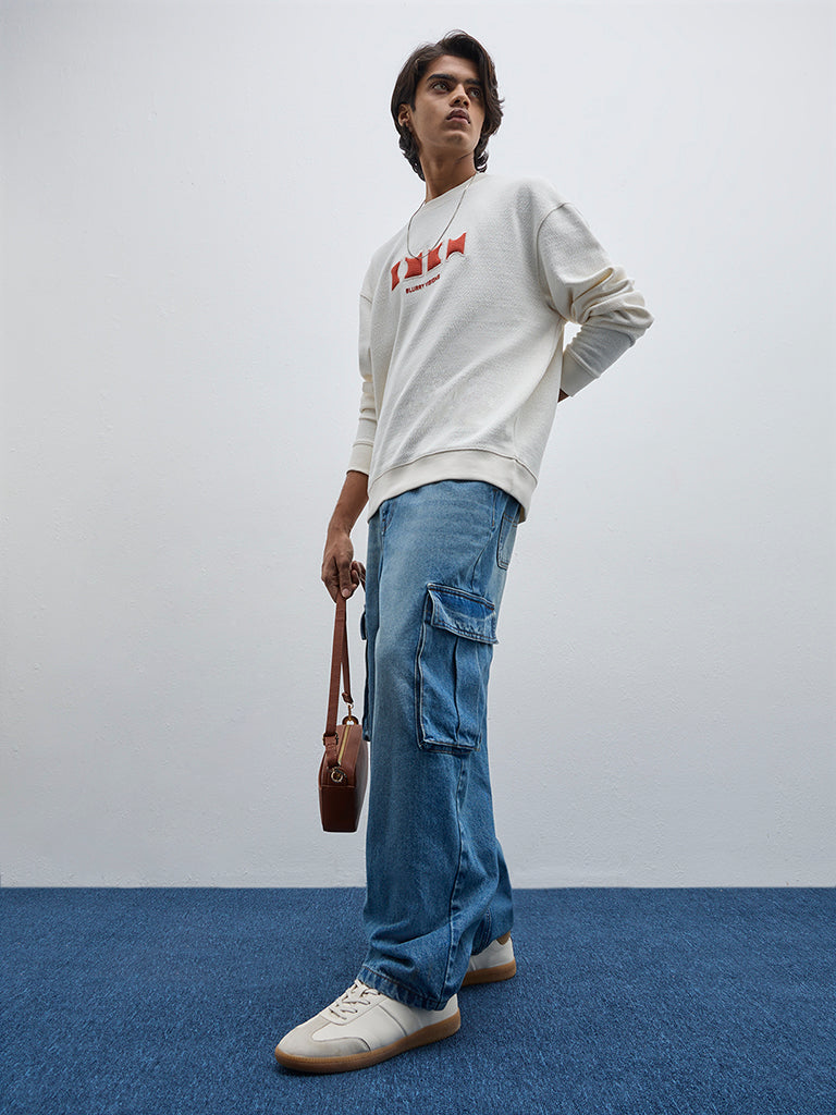 Nuon Off-White Text Design Relaxed-Fit Sweatshirt