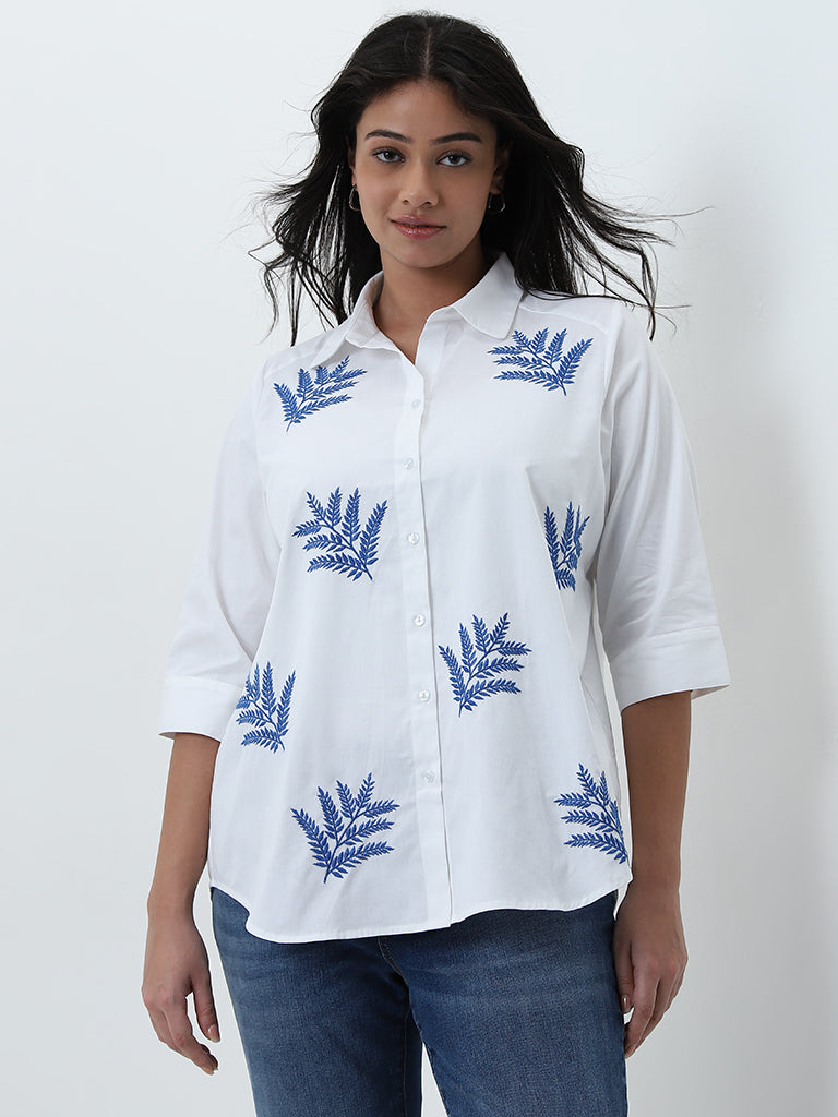 Gia White Leaf Embroidered Cotton Shirt