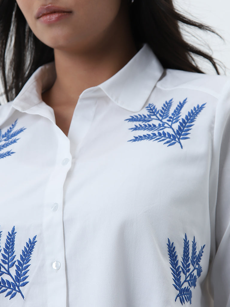 Gia White Leaf Embroidered Cotton Shirt