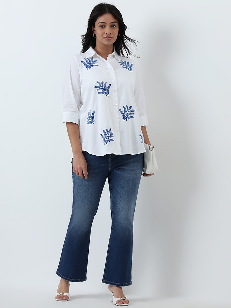 Gia White Leaf Embroidered Cotton Shirt