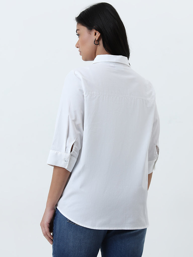 Gia White Leaf Embroidered Cotton Shirt