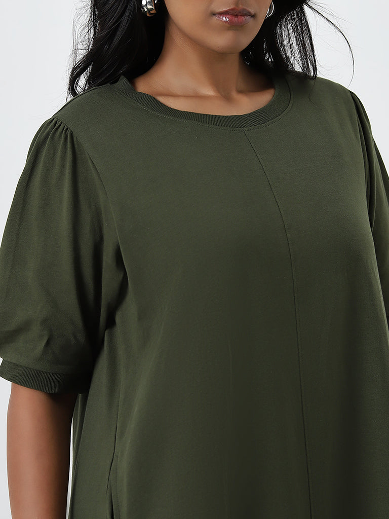 Gia Olive Solid Straight Cotton Dress