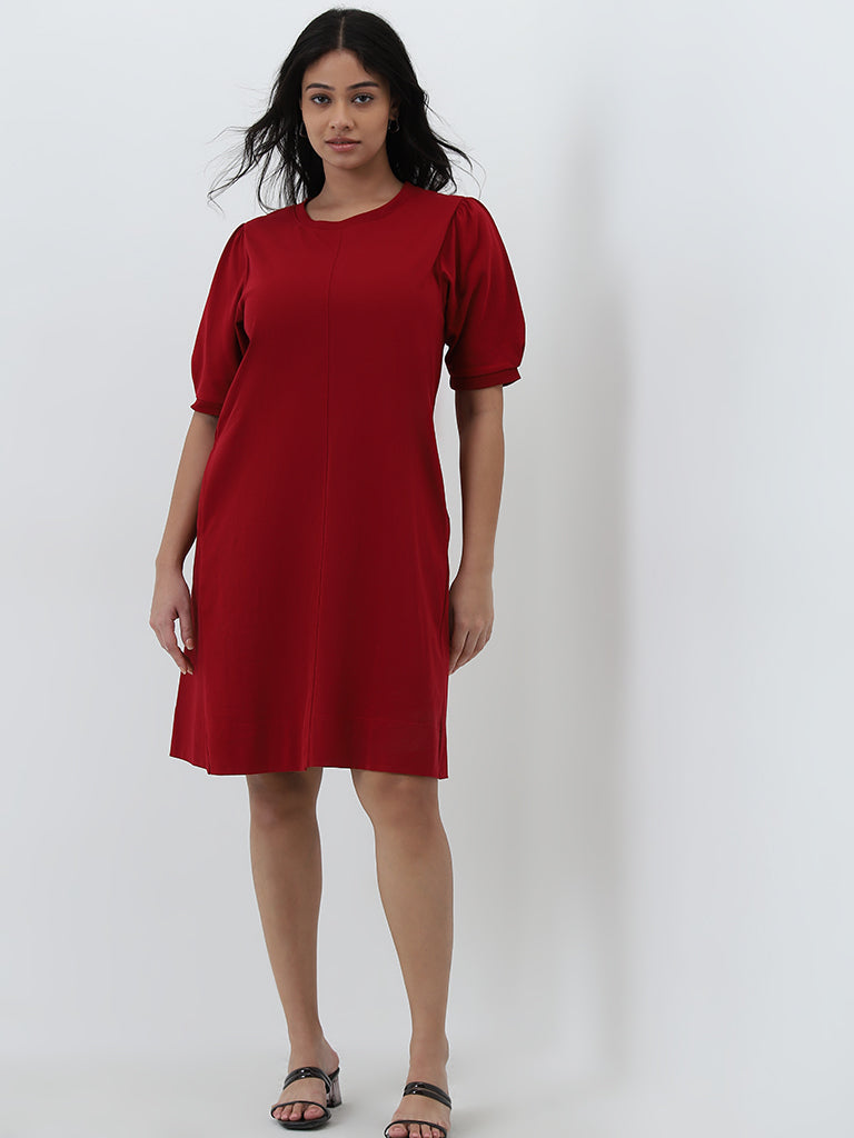 Gia Red Solid A-Line Cotton Dress