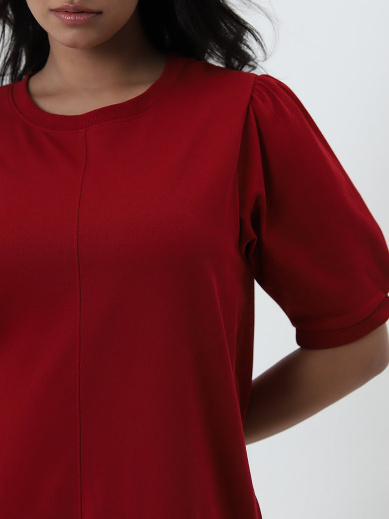 Gia Red Solid A-Line Cotton Dress