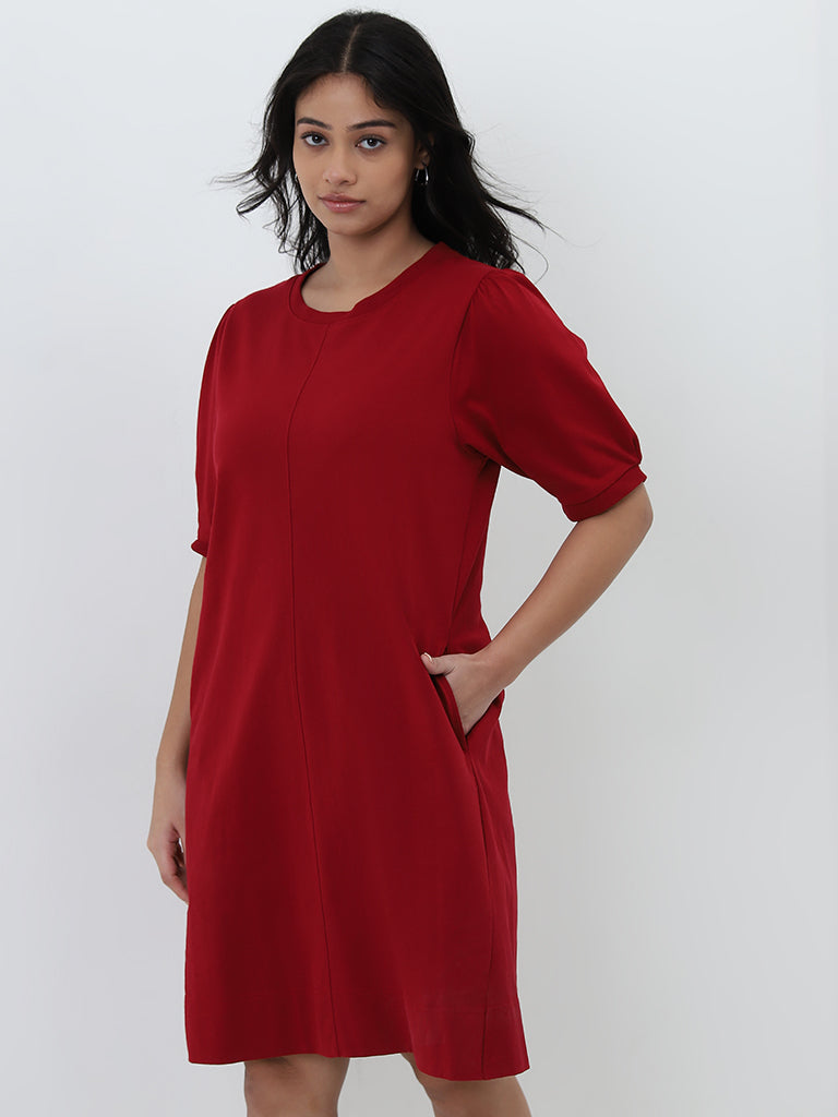 Gia Red Solid A-Line Cotton Dress