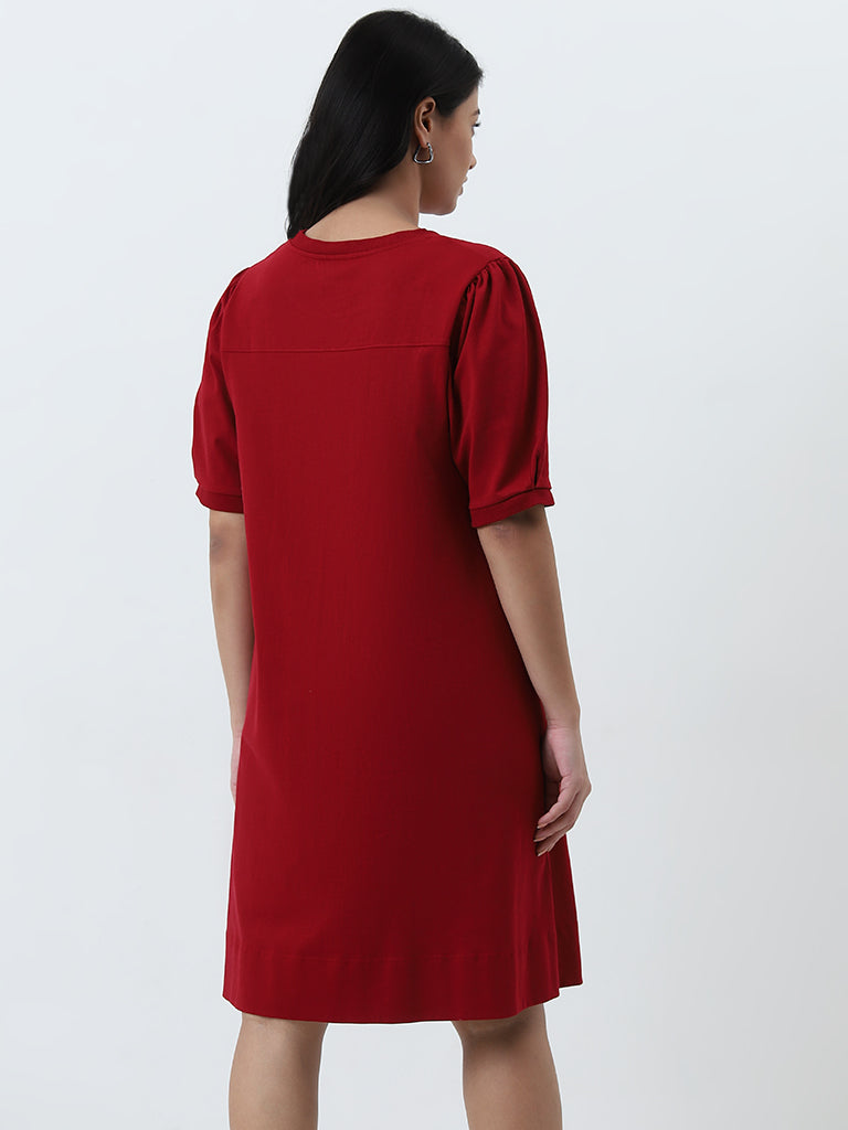 Gia Red Solid A-Line Cotton Dress