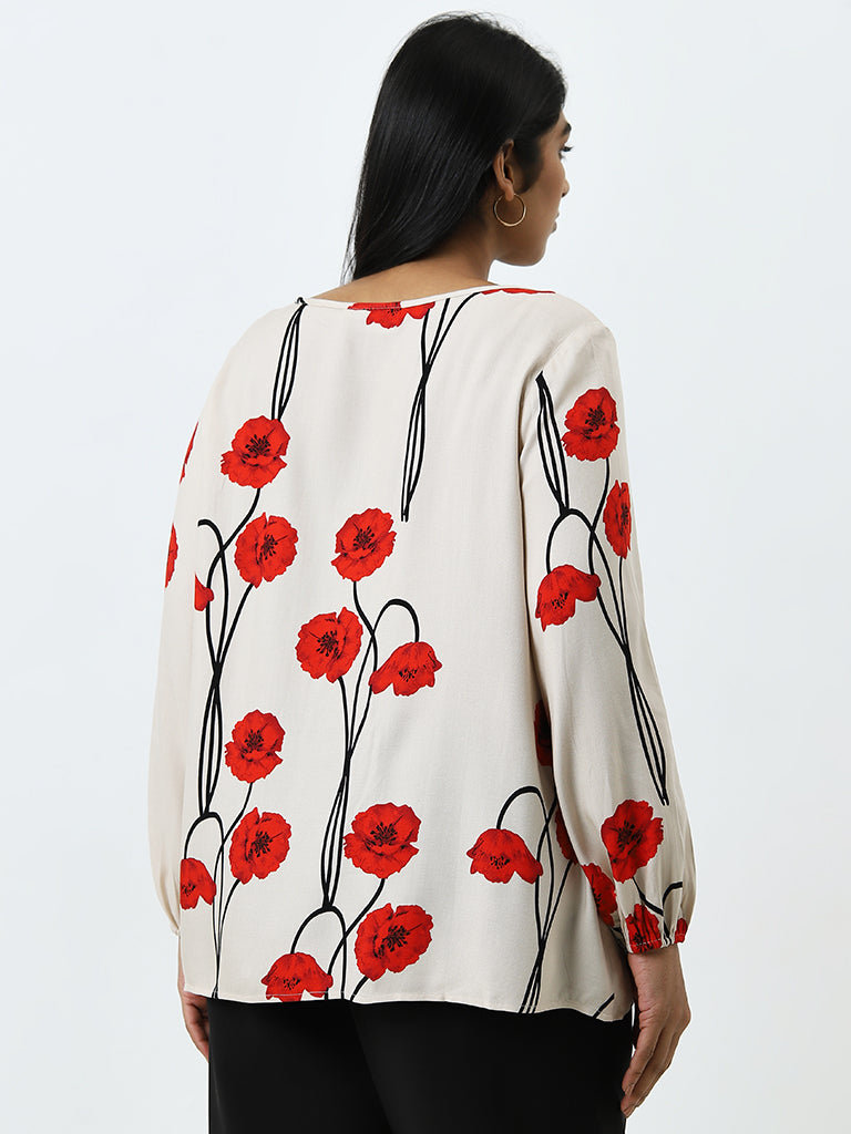 Gia Beige & Red Floral Printed Blouse