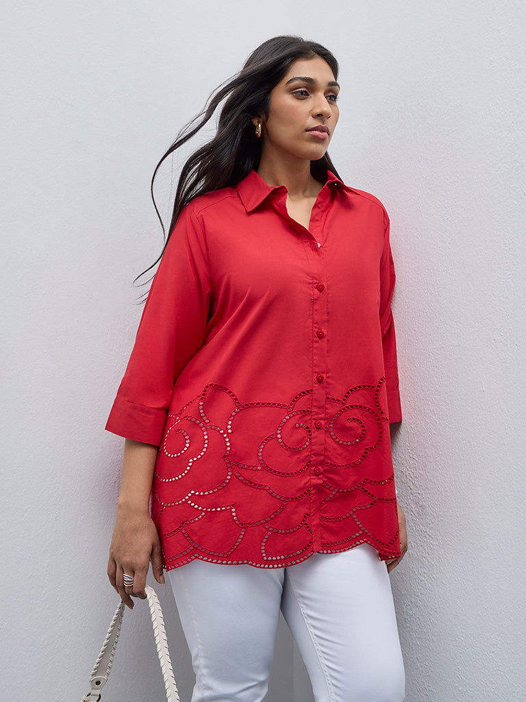 Gia Red Cut-Out Detailed Cotton Shirt