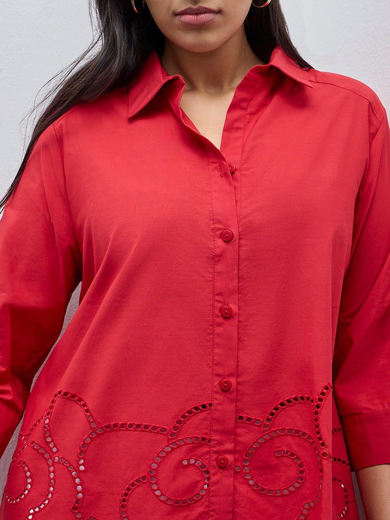 Gia Red Cut-Out Detailed Cotton Shirt