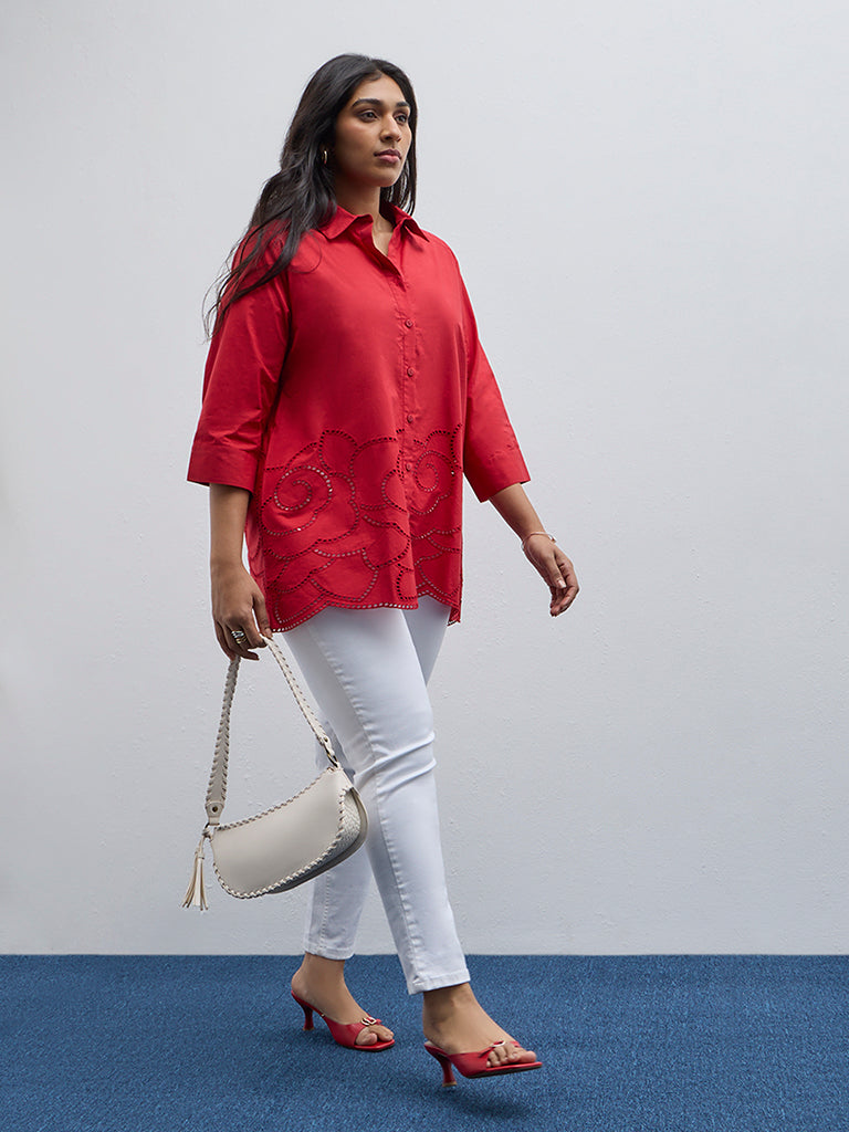 Gia Red Cut-Out Detailed Cotton Shirt