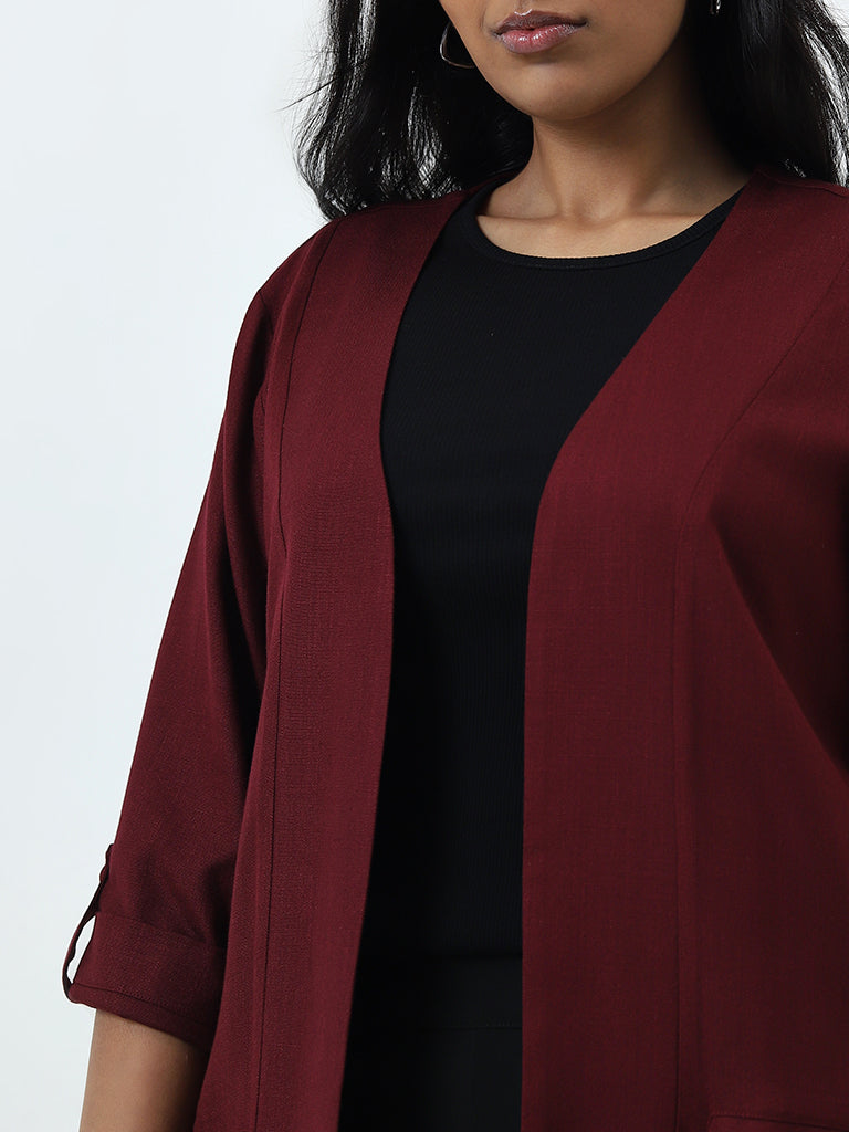 Gia Maroon Solid Open Front Jacket