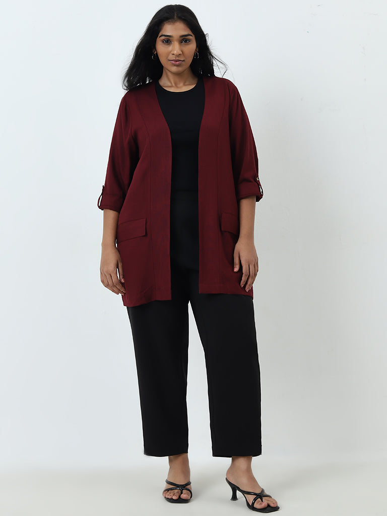 Gia Maroon Solid Open Front Jacket