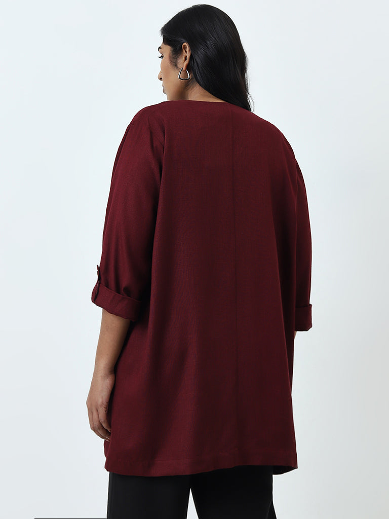 Gia Maroon Solid Open Front Jacket