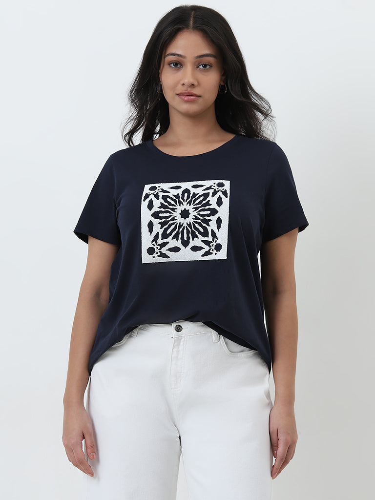 Gia Navy Printed Cotton T-Shirt