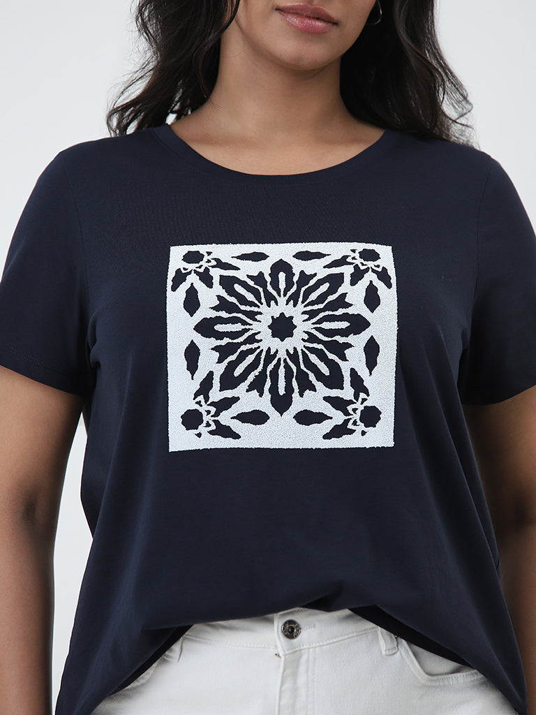 Gia Navy Printed Cotton T-Shirt