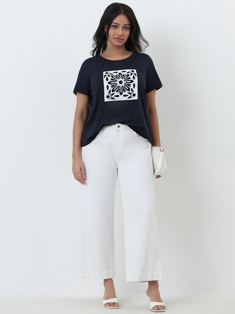 Gia Navy Printed Cotton T-Shirt