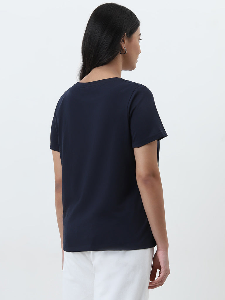 Gia Navy Printed Cotton T-Shirt