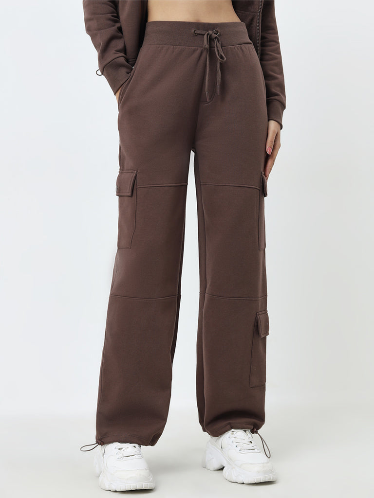 Studiofit Brown Cargo-Style High-Rise Track Pants