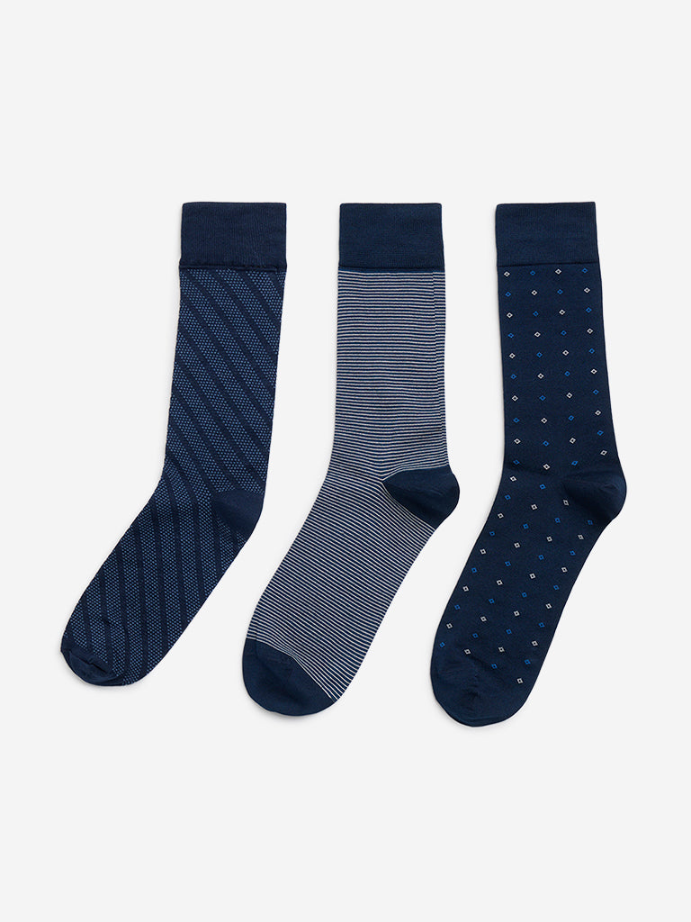 WES Lounge Navy Printed Socks - Pack of 3