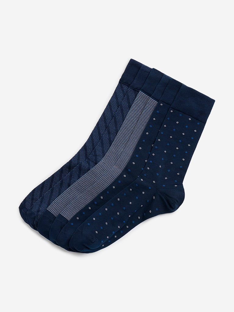 WES Lounge Navy Printed Socks - Pack of 3