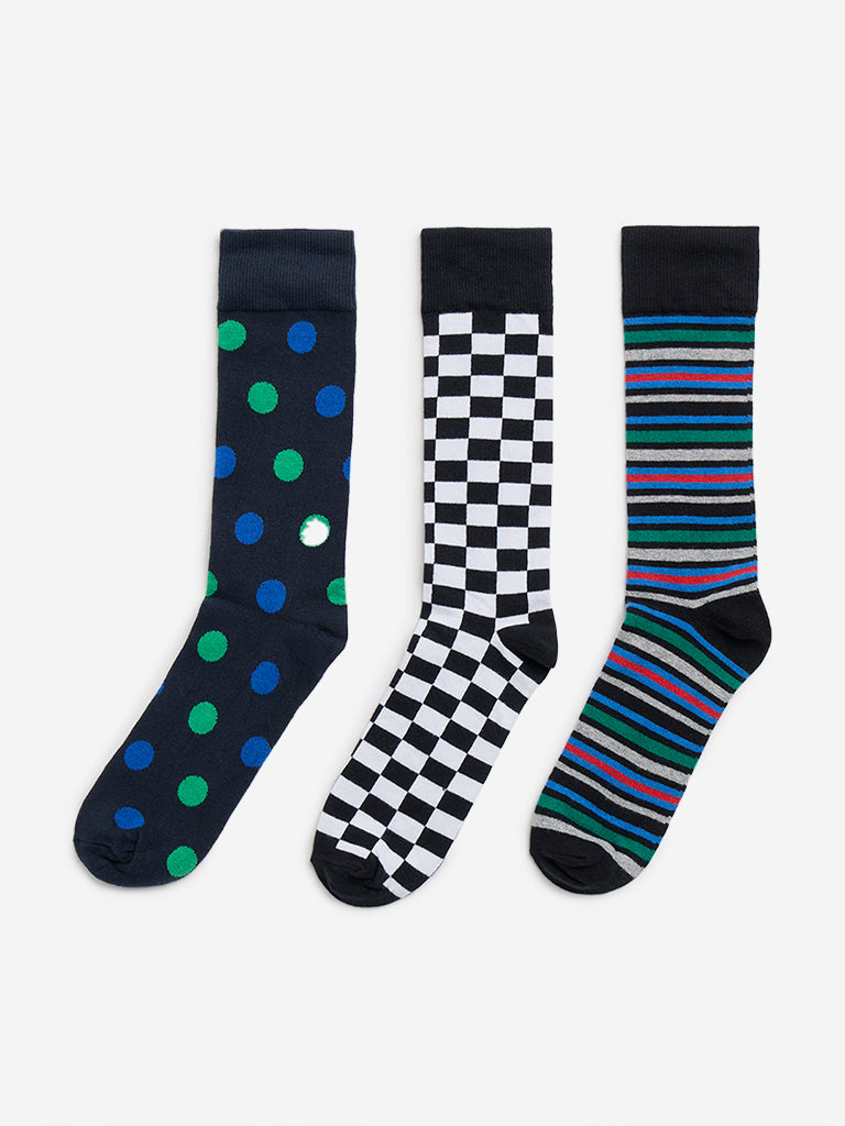 WES Lounge Black Printed Socks - Pack of 3