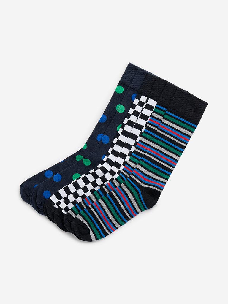 WES Lounge Black Printed Socks - Pack of 3