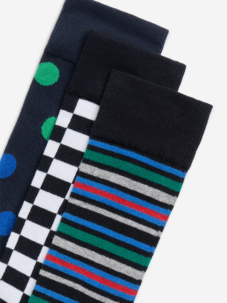 WES Lounge Black Printed Socks - Pack of 3