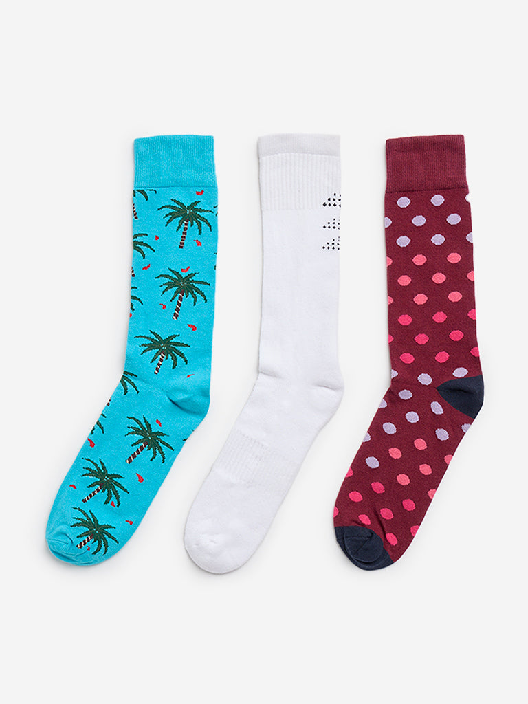 WES Lounge Wine Printed Cotton Blend Socks - Pack of 3