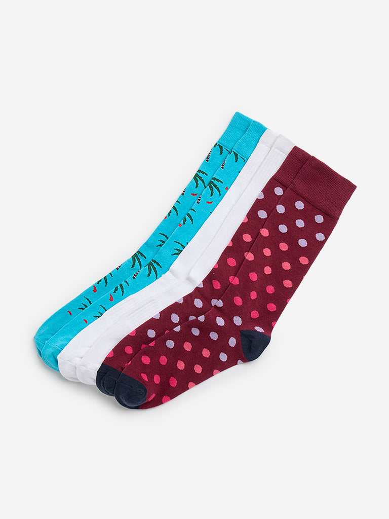 WES Lounge Wine Printed Cotton Blend Socks - Pack of 3