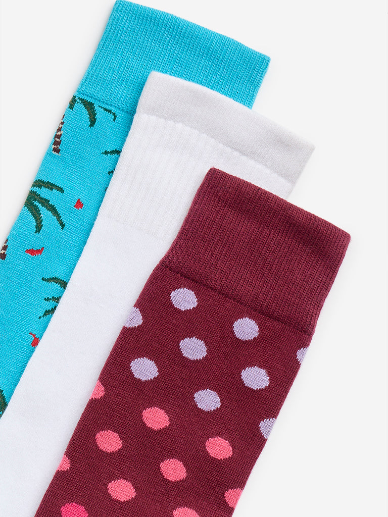 WES Lounge Wine Printed Cotton Blend Socks - Pack of 3