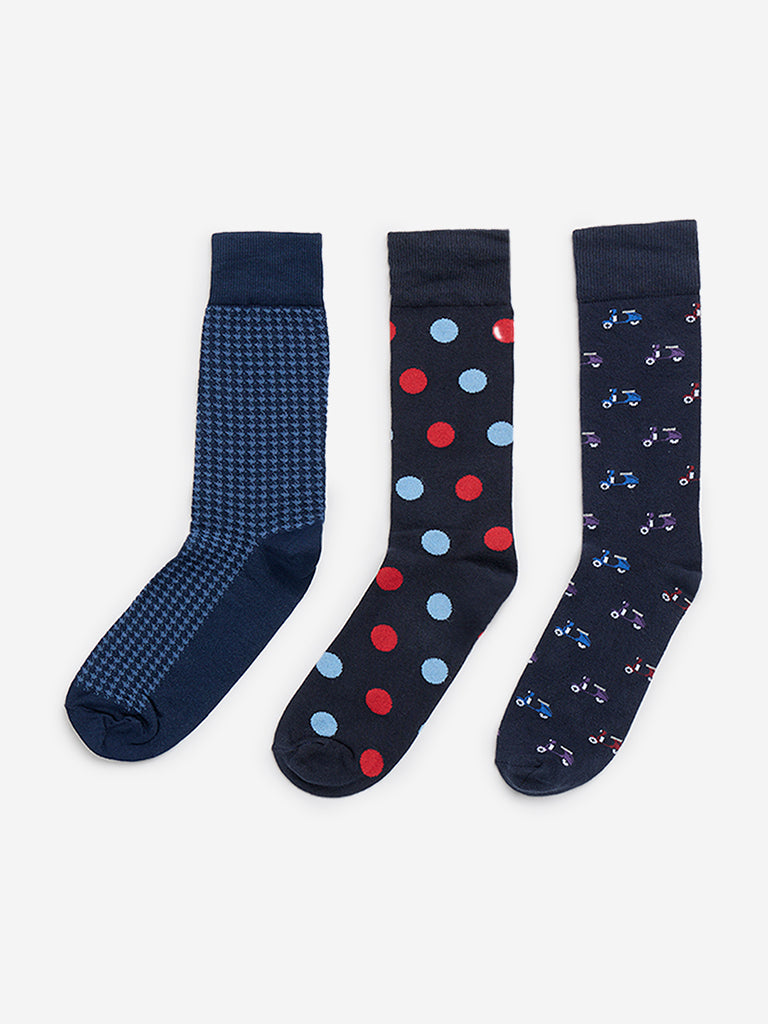 WES Lounge Navy Printed Socks - Pack of 3