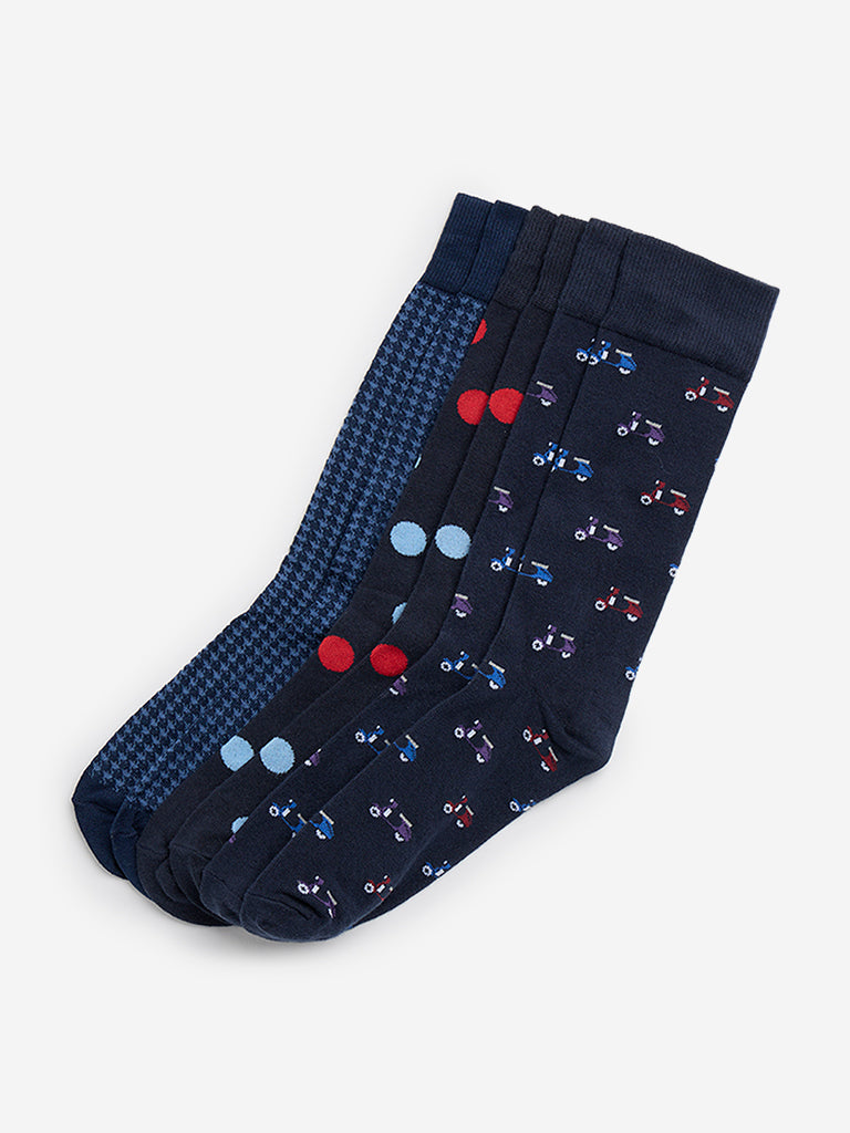 WES Lounge Navy Printed Socks - Pack of 3