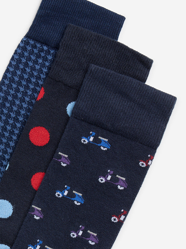 WES Lounge Navy Printed Socks - Pack of 3