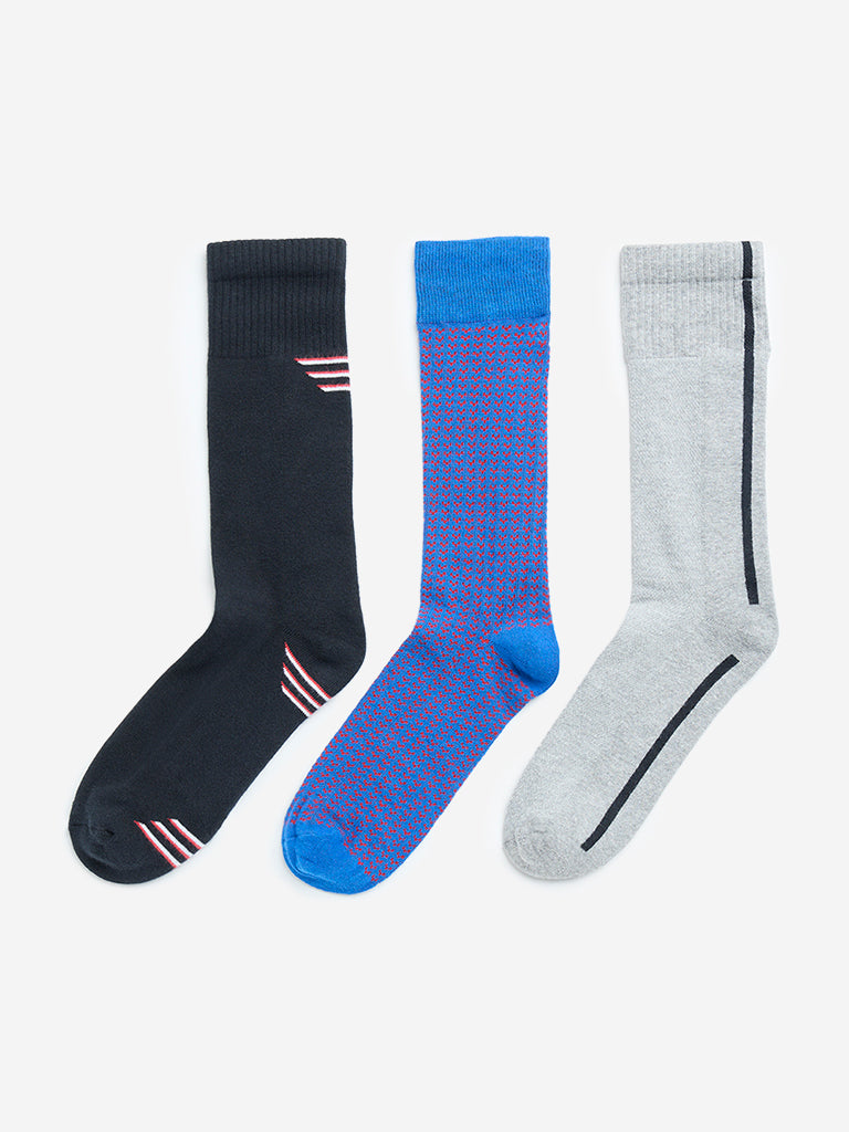 WES Lounge Grey Printed Socks - Pack of 3