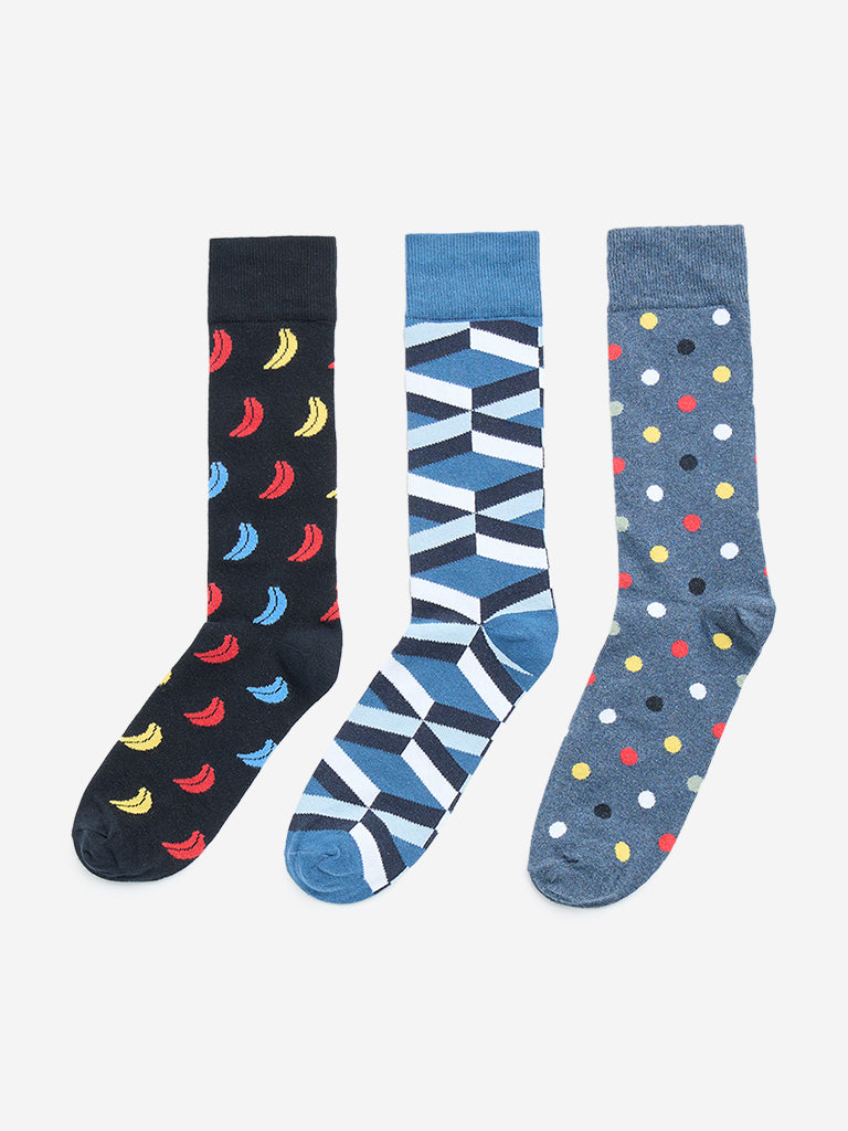 WES Lounge Black Printed Cotton Blend Socks - Pack of 3