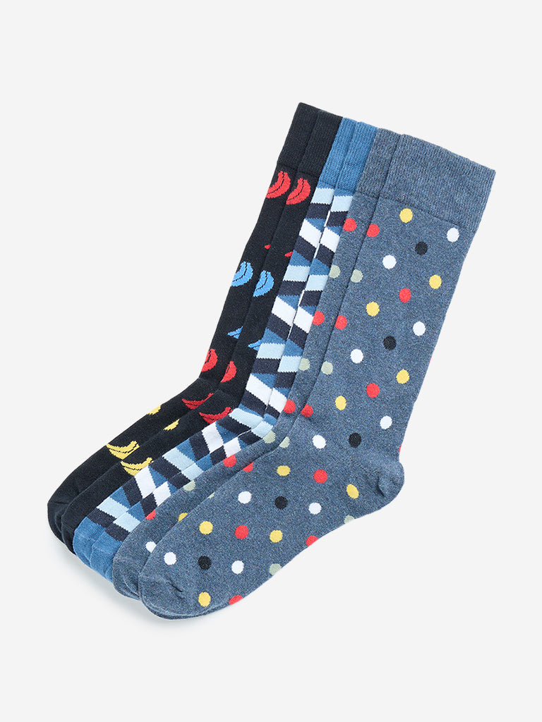 WES Lounge Black Printed Cotton Blend Socks - Pack of 3