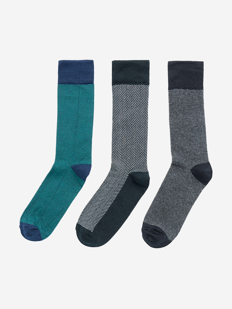 WES Lounge Black Printed Cotton Blend Socks - Pack of 3