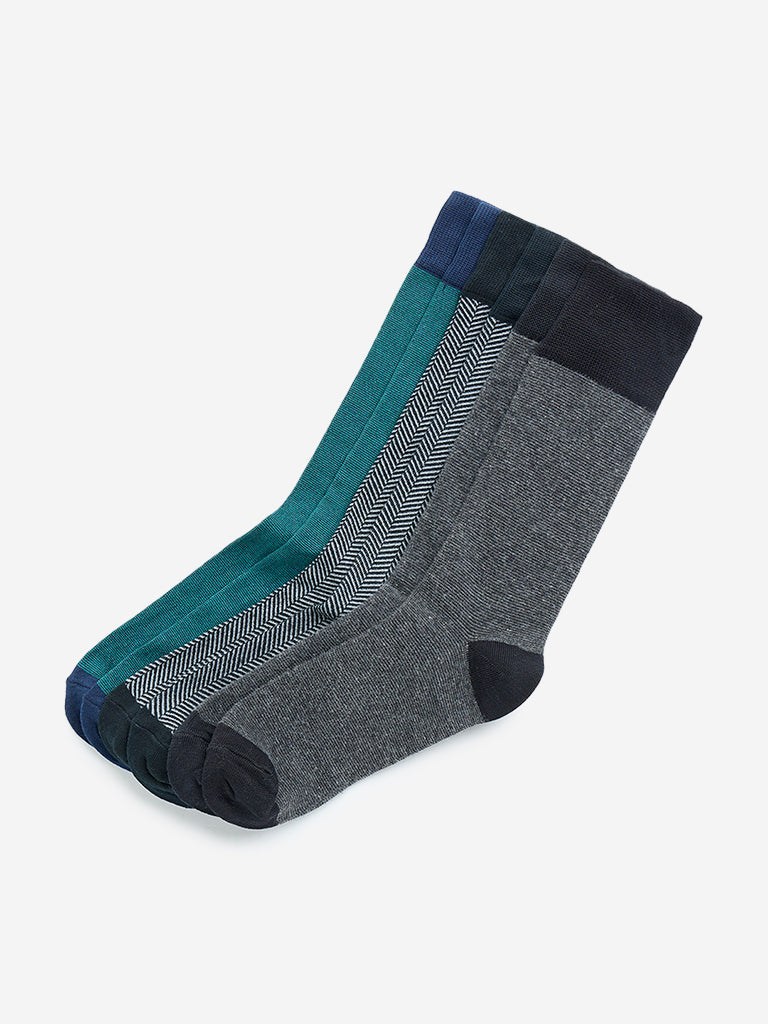 WES Lounge Black Printed Cotton Blend Socks - Pack of 3