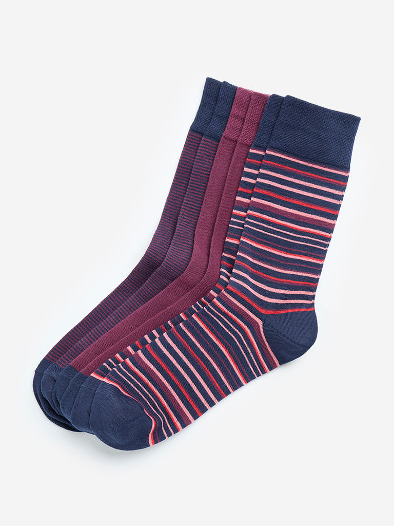 WES Lounge Wine Striped Cotton Blend Socks - Pack of 3