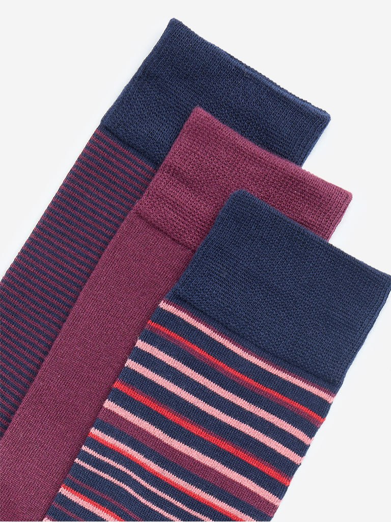 WES Lounge Wine Striped Cotton Blend Socks - Pack of 3